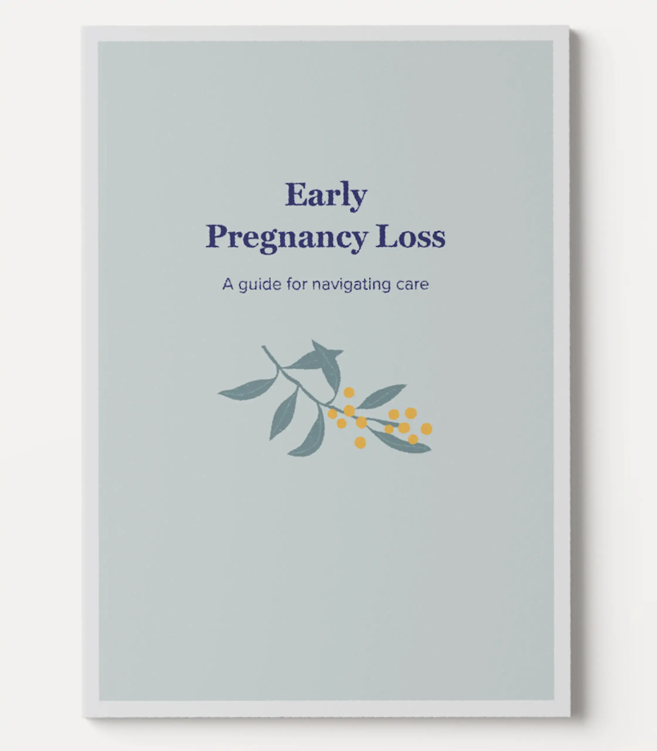 Cover of the "Early Pregnancy Loss: A guide for navigating care" booklet featuring a light gray background, dark blue text, and a simple illustration of a branch with yellow berries and green leaves.