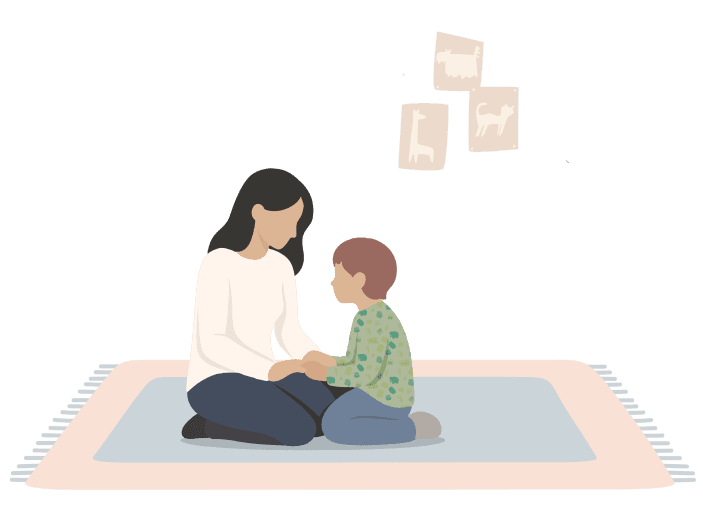A soft, minimalist illustration showing an adult and a young child sitting face-to-face on a mat. The adult gently holds the child’s hands, suggesting care, reassurance, or teaching. The background is dark, with three small framed drawings of animals hanging above them, creating a calm, intimate, and nurturing atmosphere.