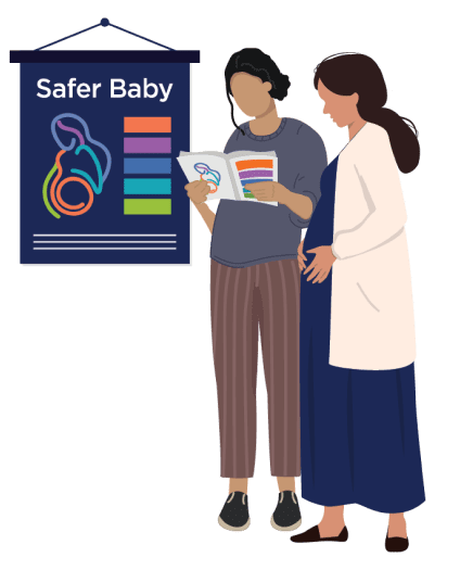 A flat illustration showing two women standing together, one of whom appears pregnant. They are reading an informational pamphlet while standing beside a poster titled “Safer Baby,” which features an abstract baby icon and color-coded sections. The scene suggests prenatal education, maternal health guidance, and shared learning in a healthcare or community setting.