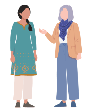 A clean, flat-style illustration of two women standing and talking. One woman wears a teal tunic with decorative patterns and light-colored pants, while the other wears a jacket, wide-leg pants, and a headscarf. Their body language suggests a friendly conversation or discussion, representing communication, diversity, and mutual respect.